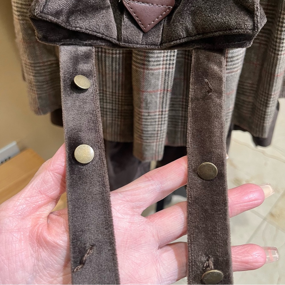 Brown Plaid Steampunk Buckle Asymmetric Utility Skirt - Picture 11 of 12